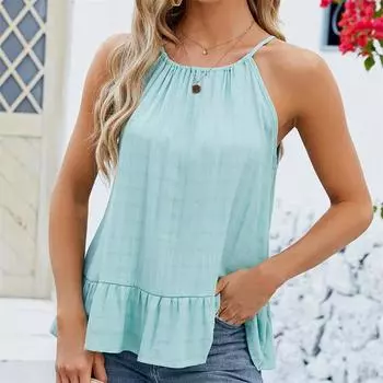 Весенне-летняя женская майка с рюшами и подолом, сексуальный однотонный топ с бретелькой на шее и галстуком M чёрный