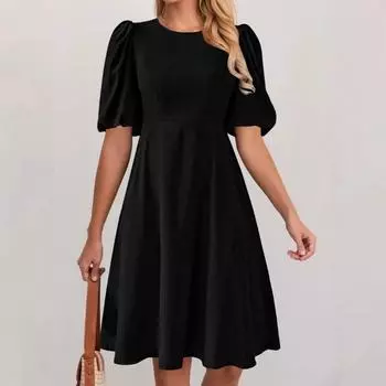 Весенне-летняя женская мода элегантное однотонное повседневное платье с круглым вырезом и пышными рукавами S чёрный