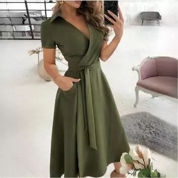 Весенне-летняя женская мода с V-образным вырезом и принтом, короткие рукава, платья до бедра S хаки
