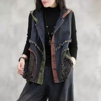 Весенняя женская мода Splicing свободный ретро джинсовый жилет с капюшоном XXXL синий