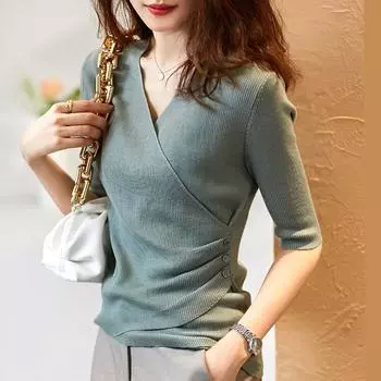 Весенне-летняя женская модная элегантная однотонная тонкая трикотажная нижняя рубашка с v-образным вырезом и пятиточечными рукавами, удобная женская одежда one size зелёный