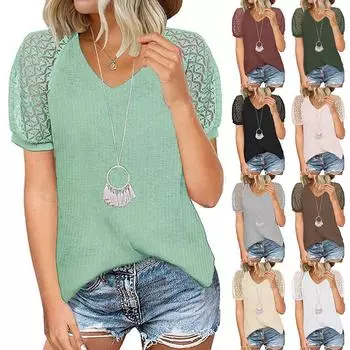 Весенне-летняя женская модная кружевная футболка с короткими рукавами, свободные однотонные футболки S зелёный
