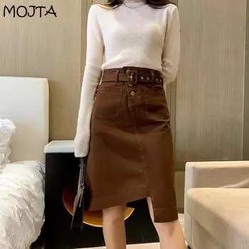 Весенне-летняя женская модная повседневная джинсовая юбка больших размеров с высокой талией, юбка трапециевидной формы средней длины, юбка на один шаг