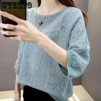 Весенне-летняя женская модная свободная трикотажная нижняя рубашка с круглым вырезом, тонкая полая футболка с короткими рукавами XXL белый