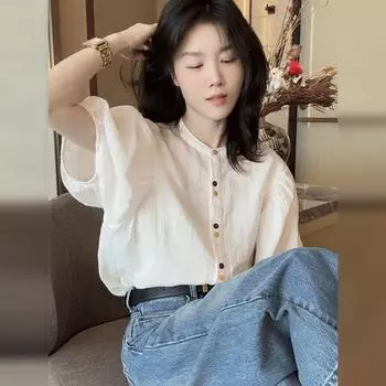 Весенне-летняя женская новая тонкая свободная рубашка с коротким рукавом и рукавами-фонариками S белый