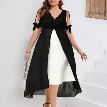 Весенне-летняя женская одежда больших размеров, элегантное модное платье с открытыми плечами и v-образным вырезом, лоскутное шифоновое платье из искусственного двойного предмета нестандартной формы S синий