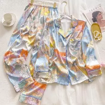 Весенне-летняя женская одежда для сна Cartoon Ice Silk Advanced Sense of Домашняя одежда Пижамы с длинными рукавами Домашняя одежда M