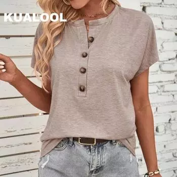 Весенне-летняя женская одежда, европейский и американский топ, однотонная модная футболка с витыми пуговицами с короткими рукавами для женщин S чёрный