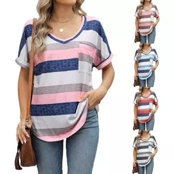 Весенне-летняя женская одежда Полосатая футболка с V-образным вырезом и коротким рукавом с карманом и рукавом «летучая мышь» Женские топы S розовый