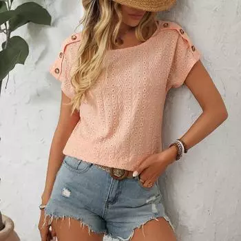 Весенне-летняя женская однотонная футболка с круглым вырезом, пуговицами и коротким рукавом S белый