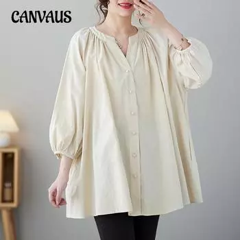Весенне-летняя женская однотонная рубашка с v-образным вырезом и рукавами-фонариками, хлопково-льняная рубашка больших размеров M белый