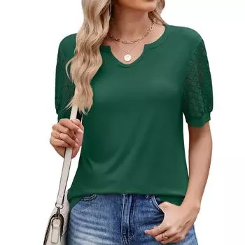 Весенне-летняя женская однотонная свободная футболка с V-образным вырезом и короткими рукавами, кружевными вставками S чёрный