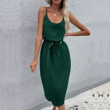 Весенне-летняя женская однотонная юбка с бретелькой на шее, шикарное платье на бретельках с разрезом, S-XL S темно-зеленого