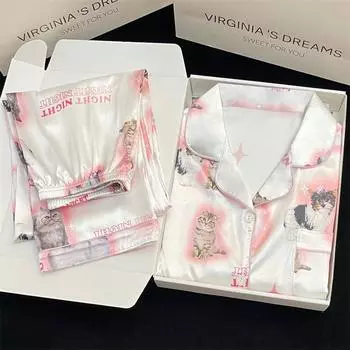 Весенне-летняя женская пижама из ледяного шелка, комплект домашней одежды, милая пижама с принтом кота, тонкая пижама для девочек, шелковая пижама для дома M розовый