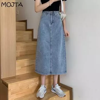 Весенне-летняя женская повседневная джинсовая юбка с высокой талией больших размеров, юбка трапециевидной формы средней длины S чёрный