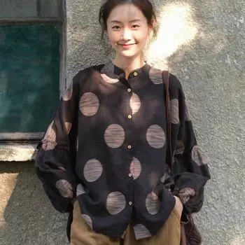 Весенне-летняя женская повседневная хлопковая рубашка в горошек, свободная контрастная рубашка с воротником с длинным рукавом