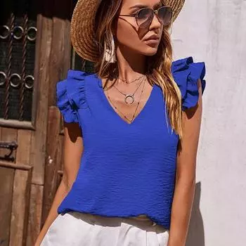 Весенне-летняя женская повседневная рубашка без рукавов с V-образным вырезом и оборками S синий