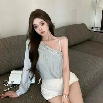 Весенне-летняя женская рубашка из шифона с открытыми плечами и длинными рукавами, с ромбовидной фаской и неровным атласным узором S серо голубой