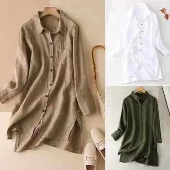 Весенне-летняя женская рубашка с лацканами и длинными рукавами, однобортная рубашка с карманами, однотонная рубашка средней длины, простые винтажные рабочие топы 2XL армия зеленый