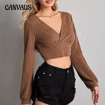 Весенне-летняя женская рубашка с V-образным вырезом и длинными рукавами, облегающая верхняя часть, перекрученная S чёрный