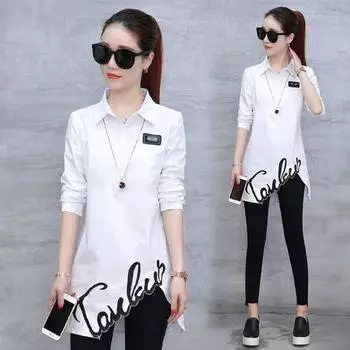 Весенне-летняя женская рубашка средней длины с асимметричной вышивкой и длинными рукавами XXXL белый