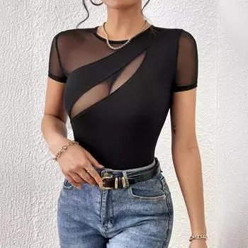 Весенне-летняя женская сексуальная однотонная футболка с коротким рукавом и сетчатым узором XS чёрный