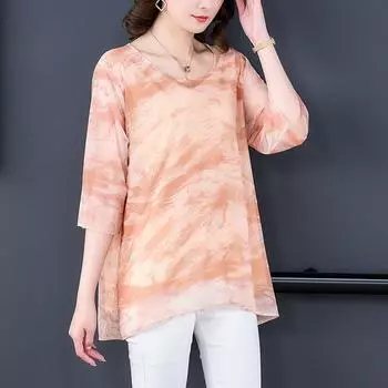 Весенне-летняя женская шифоновая рубашка, модная тонкая, чтобы прикрыть живот, сетчатая марлевая блузка с тонкими секциями, новая женская рубашка XL recommends 100-57.5kg розовый