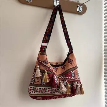 Весенне-летняя женская сумка через плечо в этническом стиле в стиле ретро, вместительная, повседневная женская сумка-мессенджер с бахромой в китайском стиле