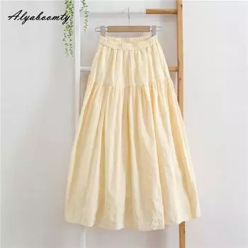 Весенне-летняя женская светло-желтая юбка-миди с эластичной талией, жаккардовая хлопковая мягкая юбка, элегантная женственная универсальная женская базовая юбка S