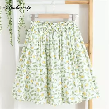 Весенне-летняя женская свежая короткая юбка с эластичной резинкой на талии и цветочным принтом, юбка-трапеция, элегантная милая хлопково-льняная женская юбка, женские юбки S