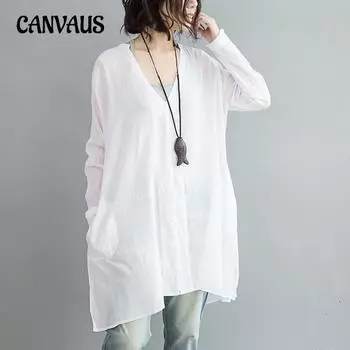 Весенне-летняя женская свободная повседневная длинная рубашка с v-образным вырезом больших размеров, солнцезащитная одежда One Size белый