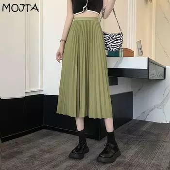 Весенне-летняя женская темпераментная юбка, женская юбка с высокой талией, однотонная тонкая плиссированная юбка трапециевидной формы средней длины