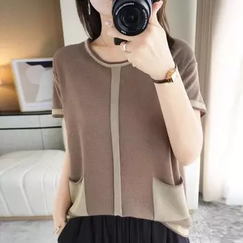 Весенне-летняя женская трикотажная футболка с круглым вырезом из ледяного шелка, повседневная женская тонкая модная базовая футболка, топ M фиолетовый