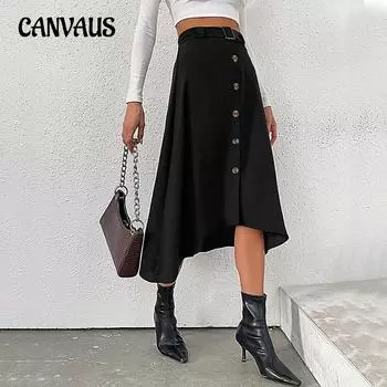 Весенне-летняя женская юбка до половины тела, модная однотонная юбка до середины тела, средней длины S чёрный