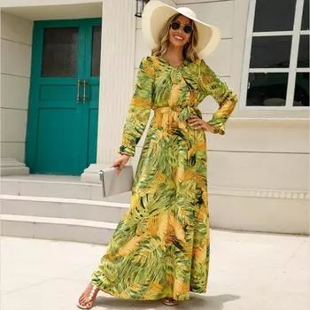 Весенне-летняя женская юбка-платье, модная длинная юбка с круглым вырезом и длинными рукавами с цветочным принтом на талии S оранжевый