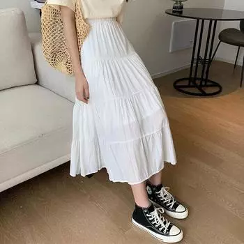 Весенне-летняя женская юбка с вышитым цветком, шифоновая универсальная юбка, тонкая плиссированная юбка-трапеция средней длины, длинная юбка-трапеция для торта 3XL белый