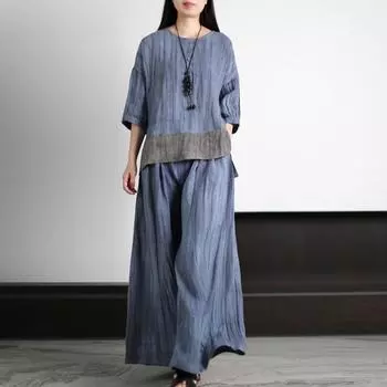 Весенне-осенне-летние женские винтажные широкие брюки, костюмы, повседневные лоскутные блузки, брюки, комплекты, свободный спортивный костюм one size серый