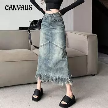 Весенне-осенне-летняя женская джинсовая юбка больших размеров с кисточками, юбка до середины тела, ретро-юбка с завышенной талией, хип-юбка S