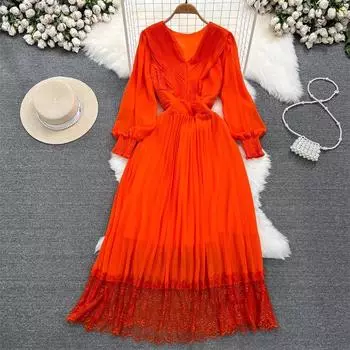 Весенне-осеннее элегантное платье женское ретро темпераментное с длинным рукавом с v-образным вырезом тонкое трапециевидное кружевное плиссированное платье для вечеринки z2790 One Size чёрный