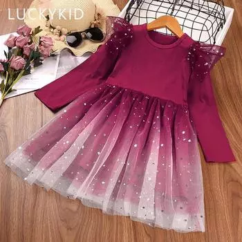 Весенне-осеннее блестящее платье с длинными рукавами и блестками для девочек, детские новогодние тюлевые тканевые детские платья принцессы для дня рождения 90