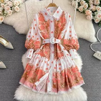 Весенне-осеннее брендовое дизайнерское платье с принтом для подиума, женское платье с фонариком и длинным рукавом, шикарные мини-короткие свободные платья в стиле бохо XXL синий