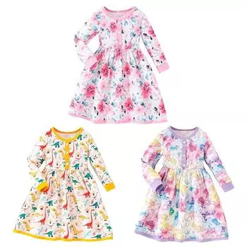 Весенне-осеннее детское платье с длинными рукавами для девочек, платье с круглым вырезом и принтом 7Y