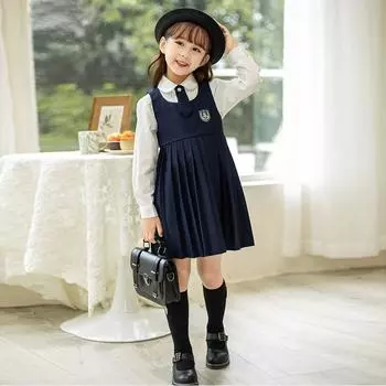 Весенне-осеннее детское платье в консервативном стиле, топ на бретелях, плиссированные платья + рубашка с длинными рукавами и вышивкой этикеток, официальная одежда для девочек, униформа 3T синий
