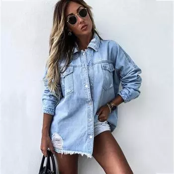 Весенне-осеннее джинсовое пальто с рваными дырками, винтажная куртка, хлопковые куртки с карманами и длинными рукавами, женские куртки M чёрный