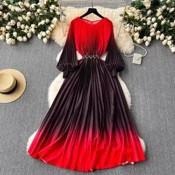 Весенне-осеннее градиентное цветное плиссированное платье большого размера, женская праздничная пляжная одежда, свободный халат с длинным рукавом и круглым вырезом с поясом One Size синий