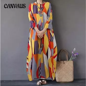 Весенне-осеннее хлопково-льняное платье больших размеров для женщин с принтом в стиле кантри, свободные длинные платья с круглым вырезом в стиле ретро