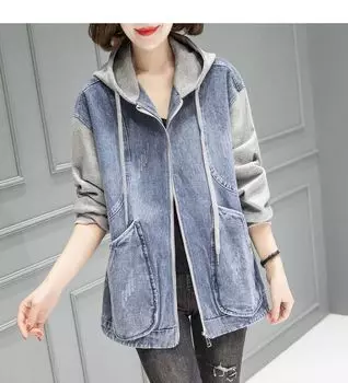Весенне-осеннее корейское джинсовое пальто с длинными рукавами и капюшоном, свободное офисное женское удобное короткое пальто для отдыха 4XL синий