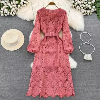 Весенне-осеннее красное/желтое/фиолетовое/синее открытое длинное платье с вышивкой женское винтажное кружевное вечерние макси с пышными рукавами Vestidos One Size