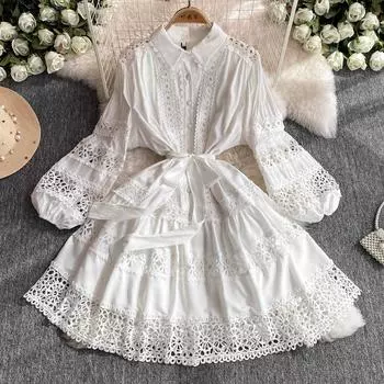 Весенне-осеннее кружевное праздничное платье большого размера с вышивкой, вязаное крючком, женское свободное свободное платье с рукавами-фонариками M чёрный