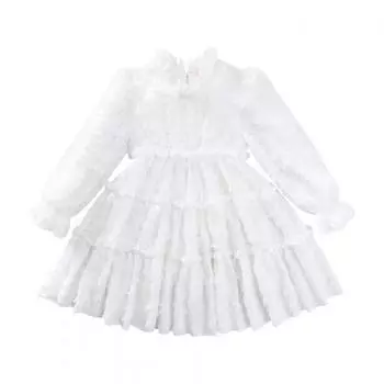 Весенне-осеннее кружевное сетчатое платье для девочек, однотонное праздничное платье с длинными рукавами для девочек, детское повседневное стильное детское платье, детская одежда 90